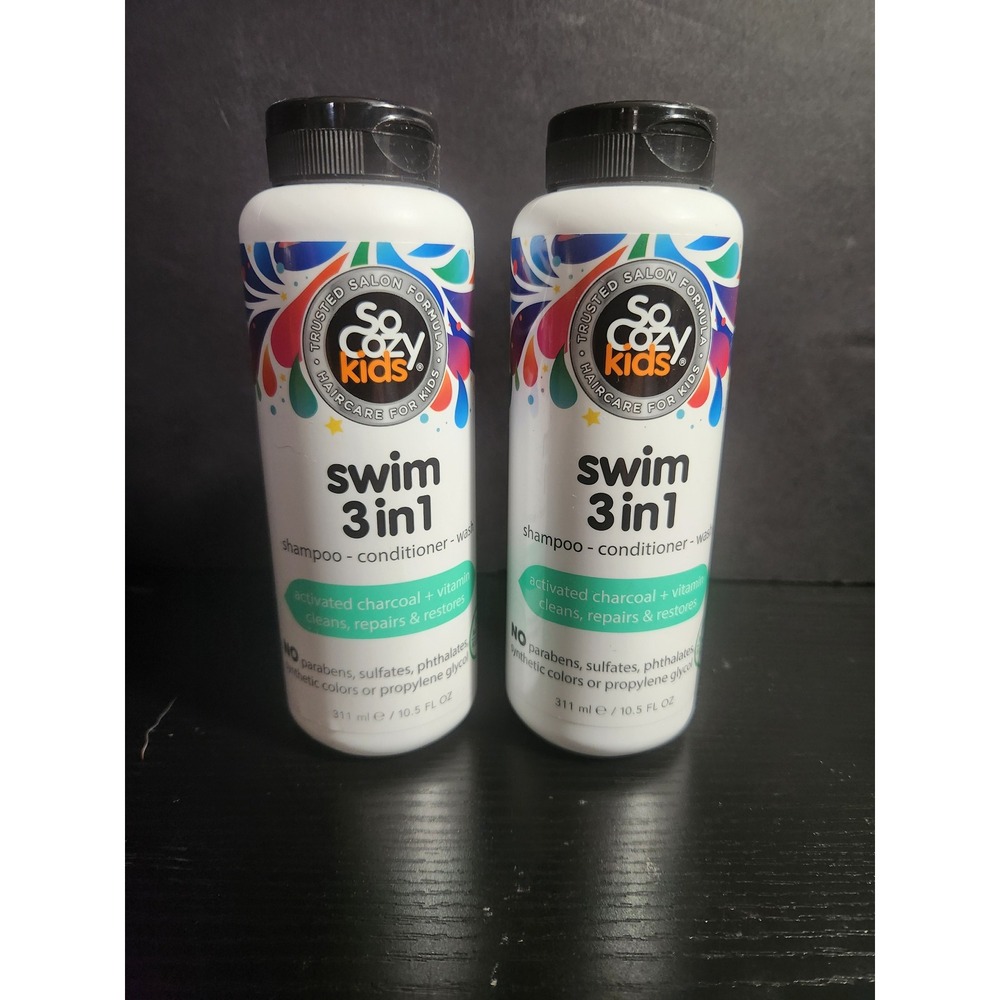 2 Pack SoCozy Kids Swim 3-in-1 Shampoo Conditioner Body Wash Charcoal 10.5oz